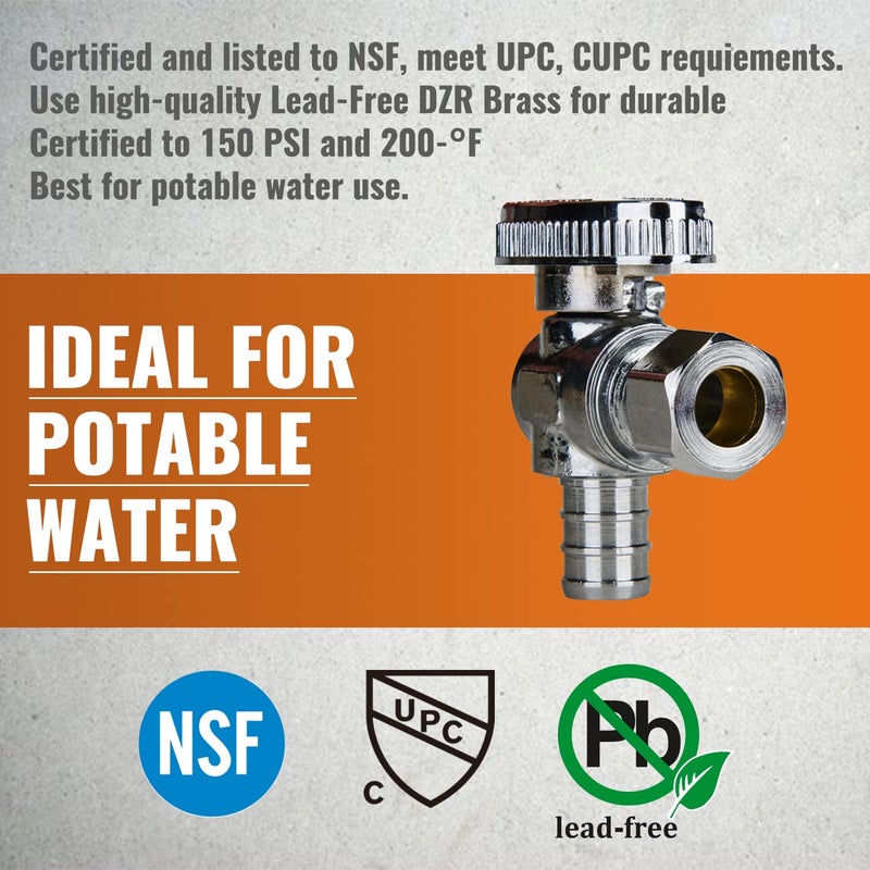 SUNGATOR 6-Pack Angle Stop Valve, 1/2" PEX x 3/8" OD Compression, Quarter Turn Chrome Plated, 1/2 inch Pex Shut Off Valves for Faucet and Toilet, UPC Certified - Image 3